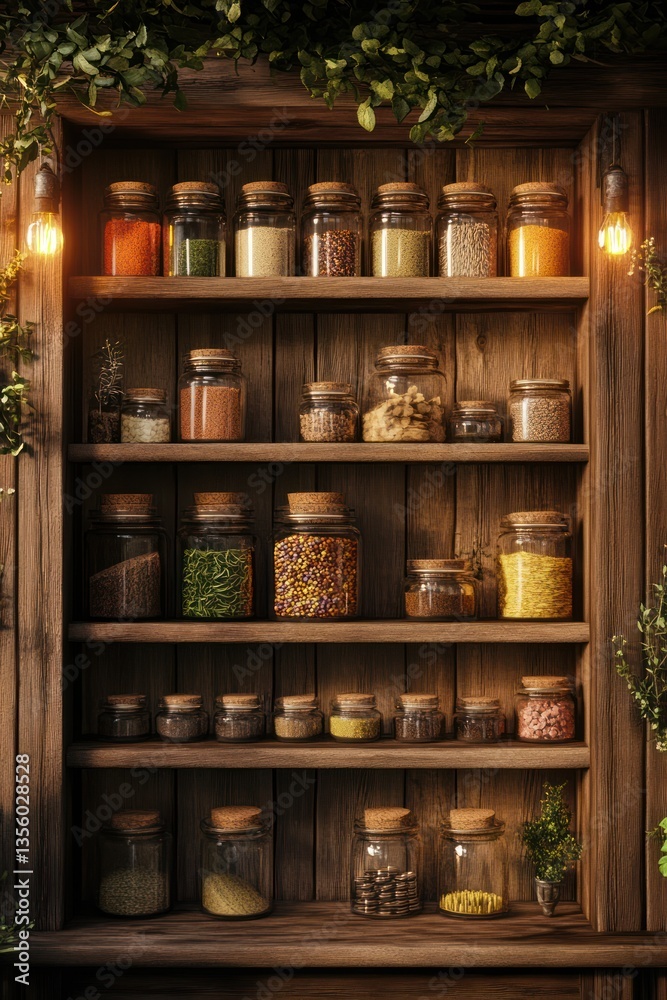 Rustic wooden spice rack filled with assorted jars of herbs and spices. Various colorful ingredients displayed on multiple shelves Rustic wooden spice rack filled with assorted jars of herbs and spices. Various colorful ingredients displayed on multiple shelves
