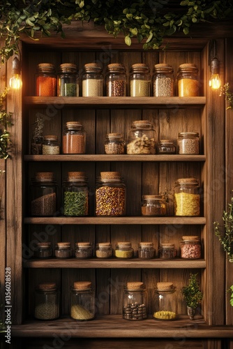 Rustic wooden spice rack filled with assorted jars of herbs and spices.  Various colorful ingredients displayed on multiple shelves