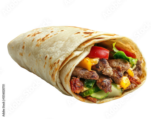 Shawarma Sandwich Wrap with Meat and Vegetables, Isolated on Transparent Background