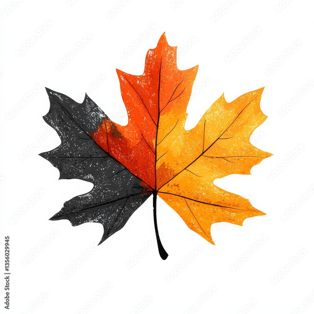 Fototapeta premium Autumnal Duality: A Maple Leaf Split Between Vibrant Fall Colors and a Stark, Graphic Black and White Aesthetic