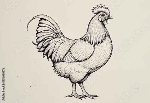 Illustration of Standing Rooster in Detailed Line Drawing on Beige Background