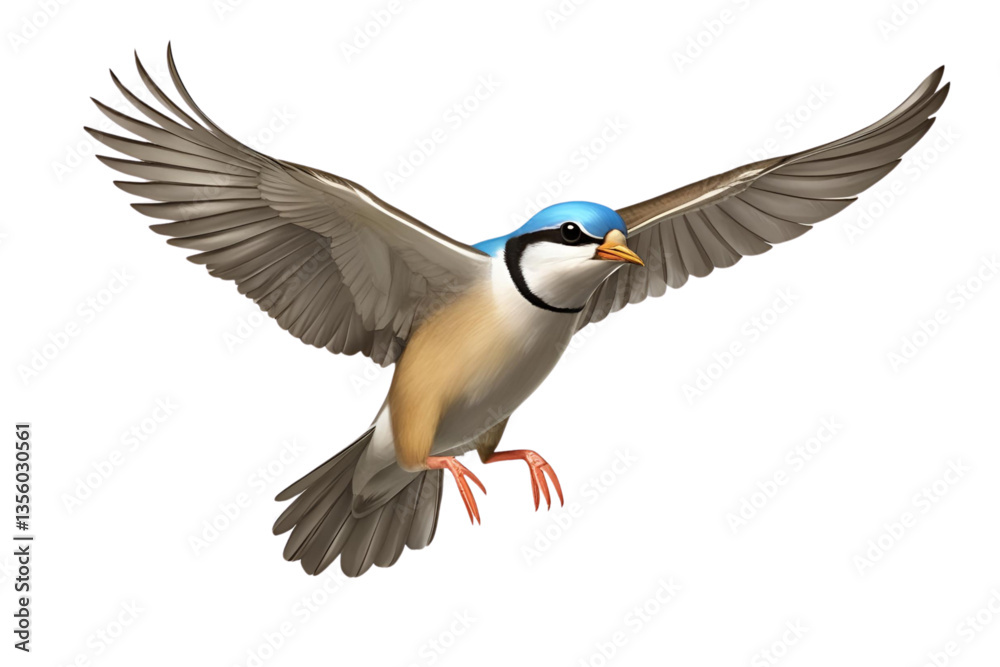 Obraz premium blue jay in flight, wings spread, white background, isolated, no background