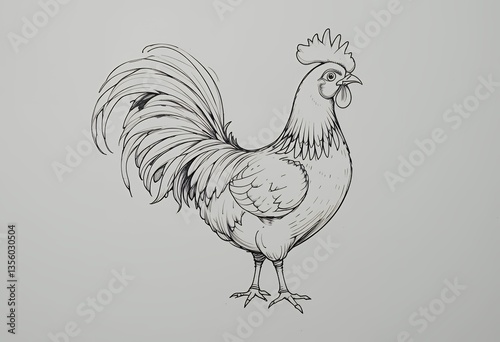 Hand drawn rooster illustration with detailed line art and bold shapes
