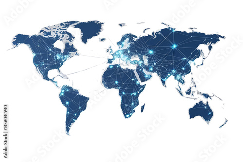 world map, network connections, blue nodes, white background, isolated, no background