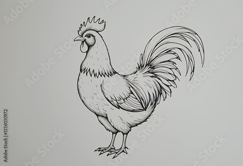 Rooster Illustration Standing Tall Drawn in Black Lines on White Background