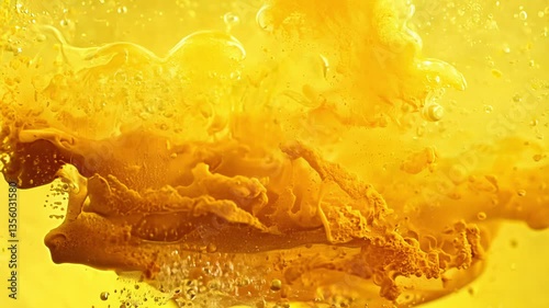 Super slow motion video of falling turmeric powder into water, isolated on yellow background, with soft, even lighting