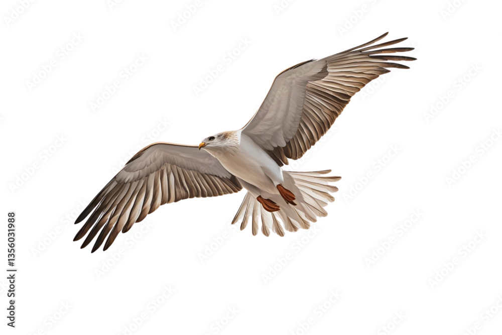 Obraz premium seagull in flight, wings spread, white background, isolated, no background