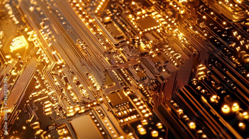 Obraz premium Closeup Golden Circuit Board Technology Abstract Background Detailed View High Resolution Image
