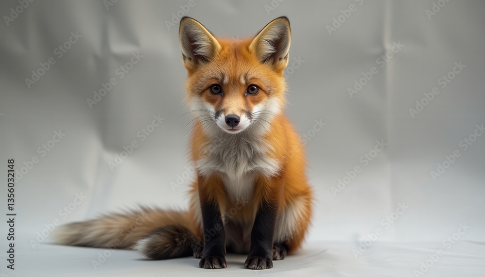 Fototapeta premium Red fox sitting with a curious expression against a plain background 
