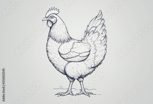 Standing Chicken Illustration Detailed Line Art on White Background Farm Animal
