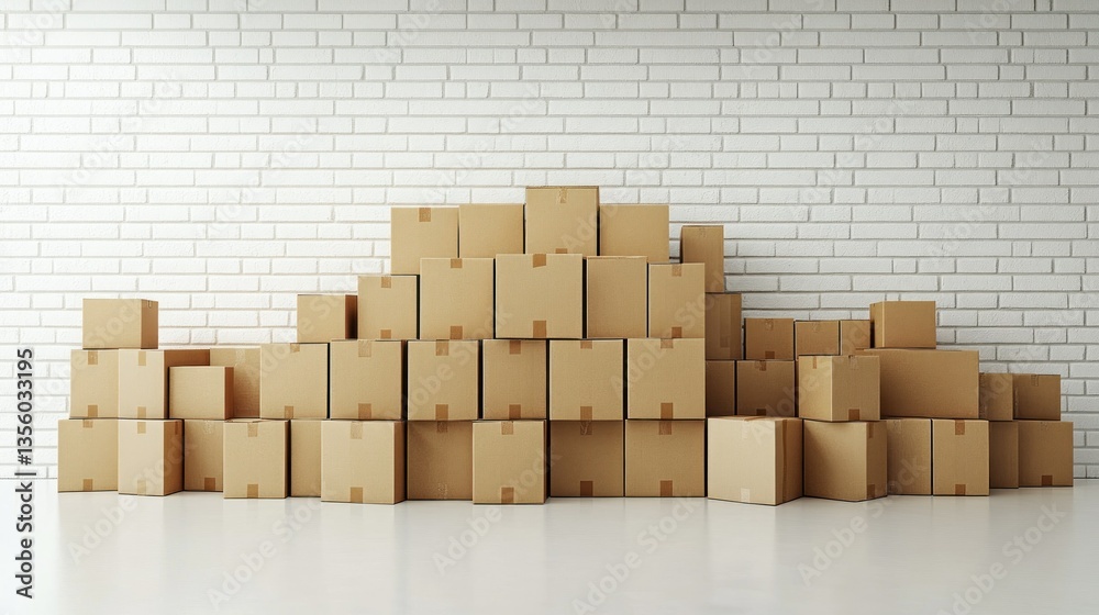 Stacked cardboard boxes against a white brick wall Stacked cardboard boxes against a white brick wall
