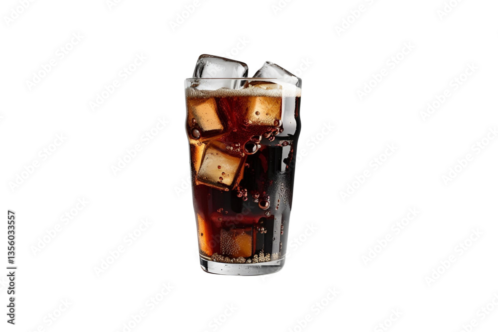 cola in glass, ice cubes, white background, isolated, no background