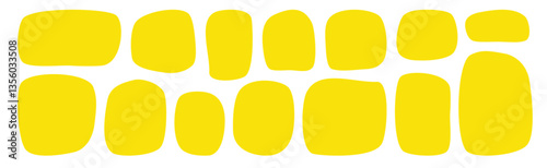Organic shape text frames. Vector set of abstract yellow speech bubbles. Wavy rectangular, square textboxes. Irregular liquid shapes. Playful fun banner background. Rounded quote elements pattern bg