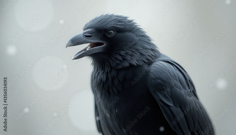 Fototapeta premium Black raven calling in a snowy environment with blurred background 