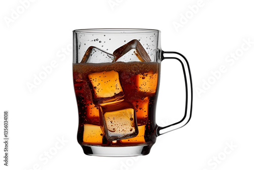cola in glass mug, ice cubes, splash, white background, isolated, no background