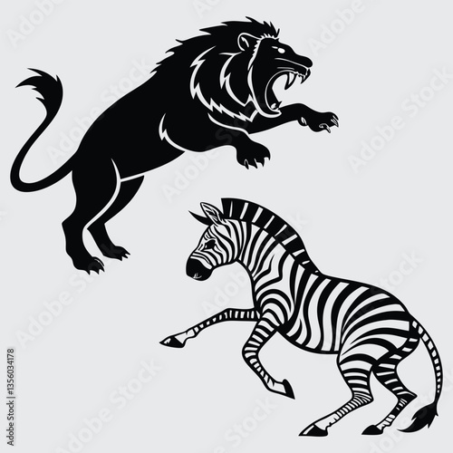 A lion ambushing a zebra Amage silhouette design vector art and illustration