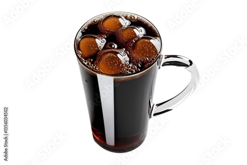 cola in mug, ice cubes, white background, isolated, no background