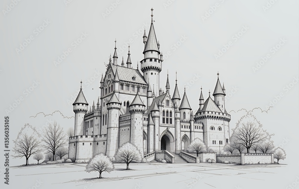 Obraz premium Detailed Castle Sketch with Towers and Bare Trees in Winter Season