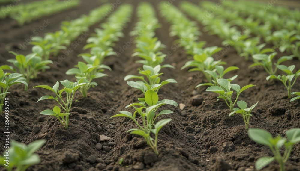 Green seedlings growing in rows on dark soil Green seedlings growing in rows on dark soil