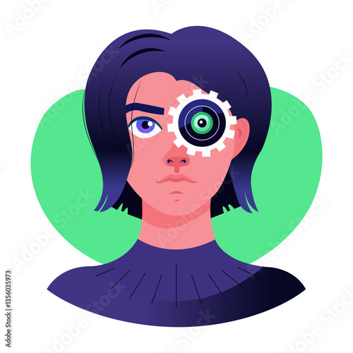 Flat illustration of a futuristic character having a mechanical eye 