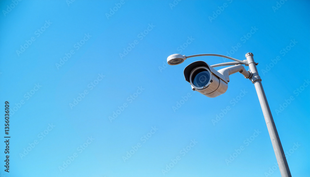Fototapeta premium Sleek traffic camera mounted on pole against clear blue sky, surveillance concept
