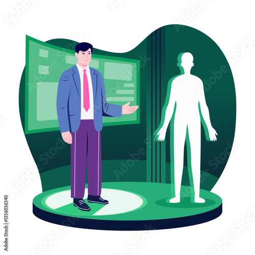 A flat style illustration of holographic news anchor 