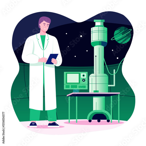 A flat illustration of a space scientist working in a lab 