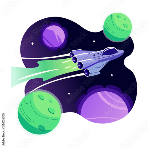 Flat illustration of a spacecraft flying between the planets 