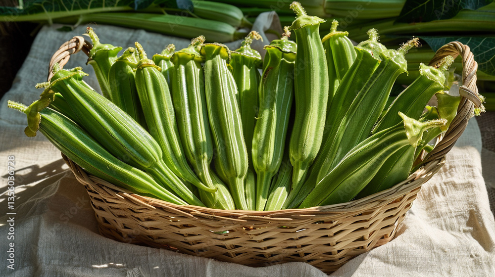Obraz premium Fresh okra pods with natural curves in a rustic woven basket, ideal for farm-to-table, organic produce, and market scenes