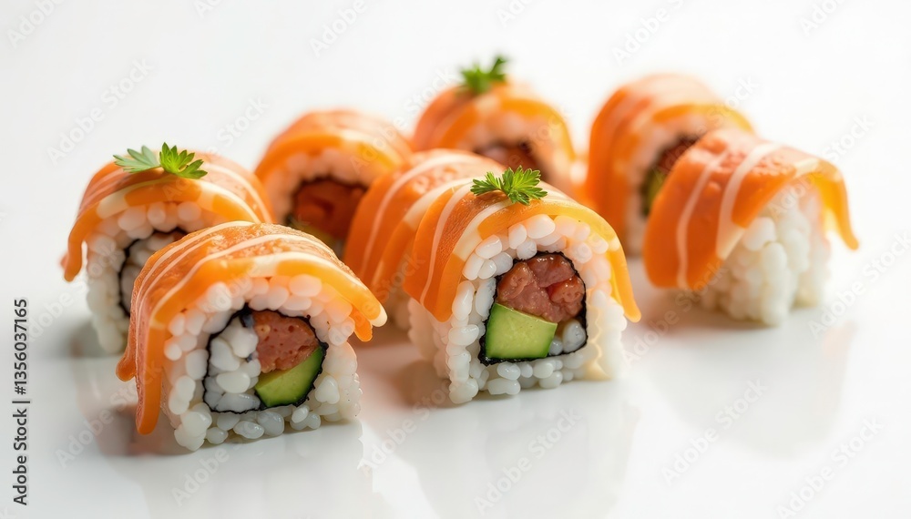 Artistically arranged sushi on white backdrop, ginger, fresh Artistically arranged sushi on white backdrop, ginger, fresh
