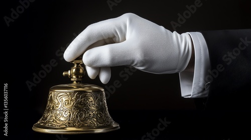 Elegant hand ringing a vintage reception bell.