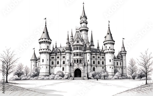 Sketch of Majestic Castle Surrounded by Bare Trees and Grassy Field