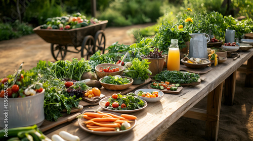 Obraz na płótnie Garden Fresh Salad Table with Wheelbarrow - Outdoor Feast w salonie