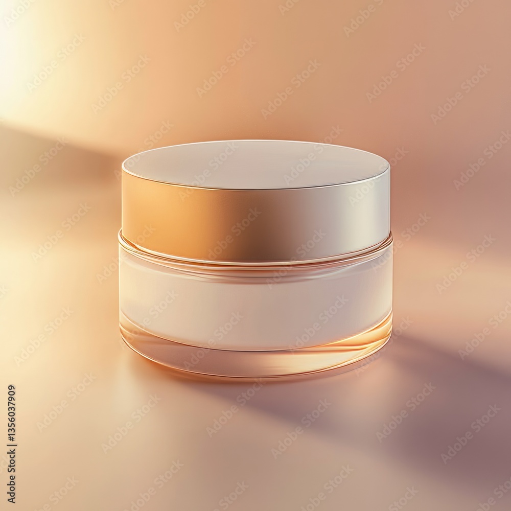 luxurious round frosted jar of skincare cream, glowing under warm lighting, soft neutral background, and elegant minimalist vibe luxurious round frosted jar of skincare cream, glowing under warm lighting, soft neutral background, and elegant minimalist vibe