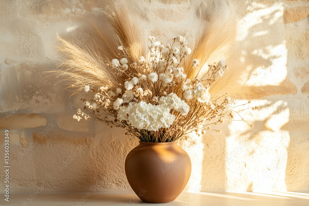 Dried Flowers in Vase by Wall - Rustic Decor