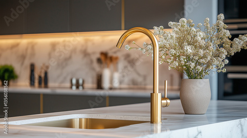 Modern kitchen sink with gold faucet and elegant floral arrangement.