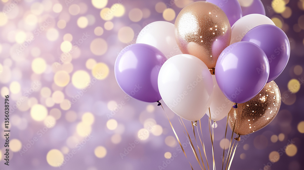 Elegant purple and gold balloons with bokeh lights in the background. Elegant purple and gold balloons with bokeh lights in the background.