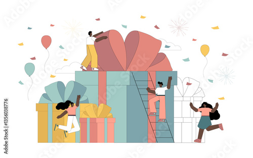 Online reward concept. People rejoice in receiving gift boxes. Victory. Solution to the problem.eps
