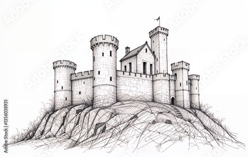 Castle Sketch Drawing with Towers and Stone Base on White Background