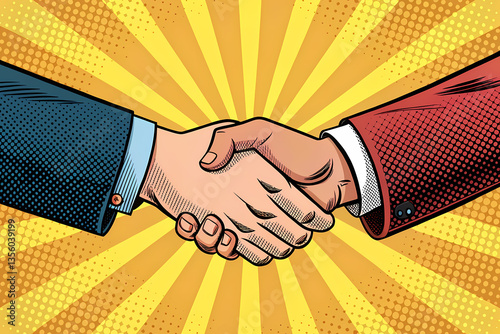 Portrait of a two businessman handshake pop art retro