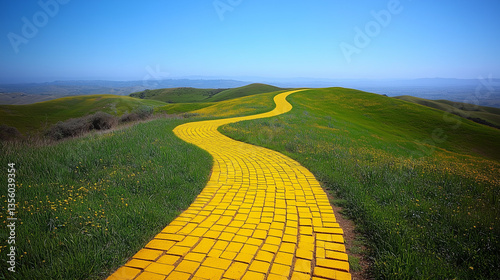 Yellow brick road winding through lush green hills under a clear blue sky.