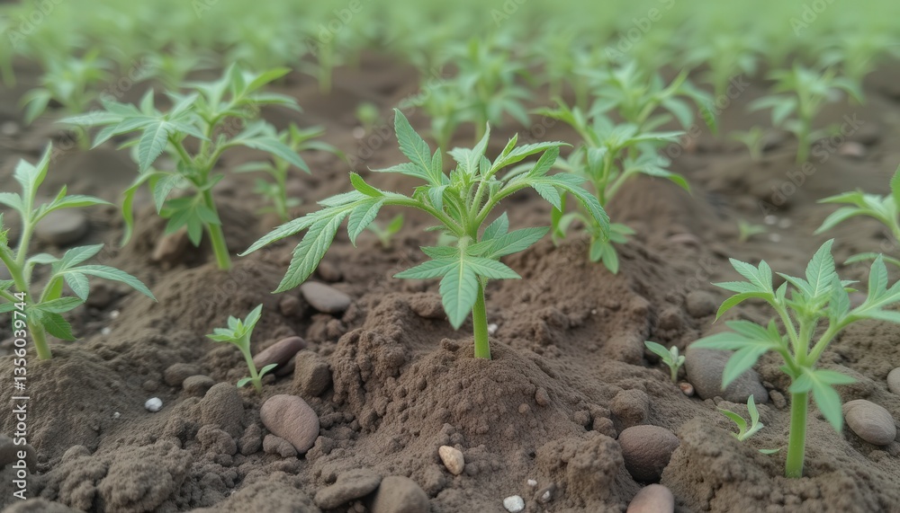 Young plants growing in soil on a sunny day Young plants growing in soil on a sunny day