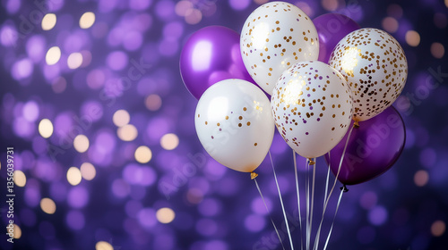 White and purple balloons with gold confetti against a bokeh background.