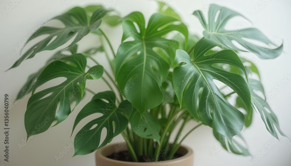 Fototapeta premium Lush Monstera Plant Growing in a Pot Against Plain Background 