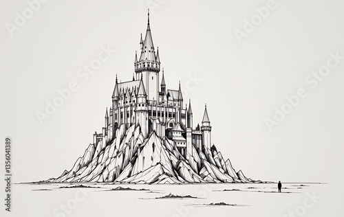 Drawing of Majestic Castle on Mountains with Person Standing in Distance