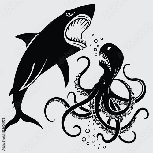 A shark and an octopus in a fierce struggle image silhouette design vector art and illustration