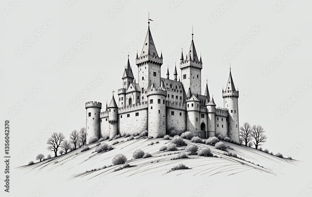 Fototapeta premium Majestic Castle on Hill Drawing with Towers and Architectural Details