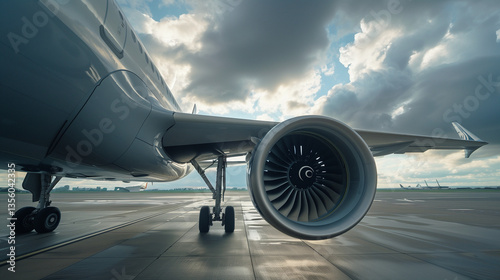 A close-up of a jet engine during takeoff
