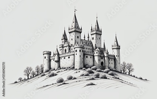 Majestic Castle on Hill Drawing with Towers and Architectural Details