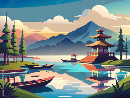 colorful illustration of a calm lake and traditional jukung boat